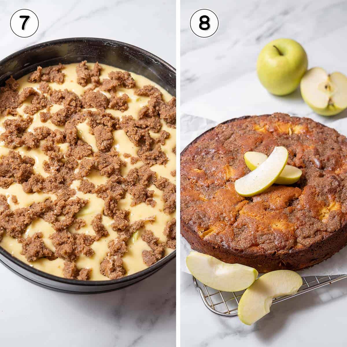 apple olive oil cake before and after baking.