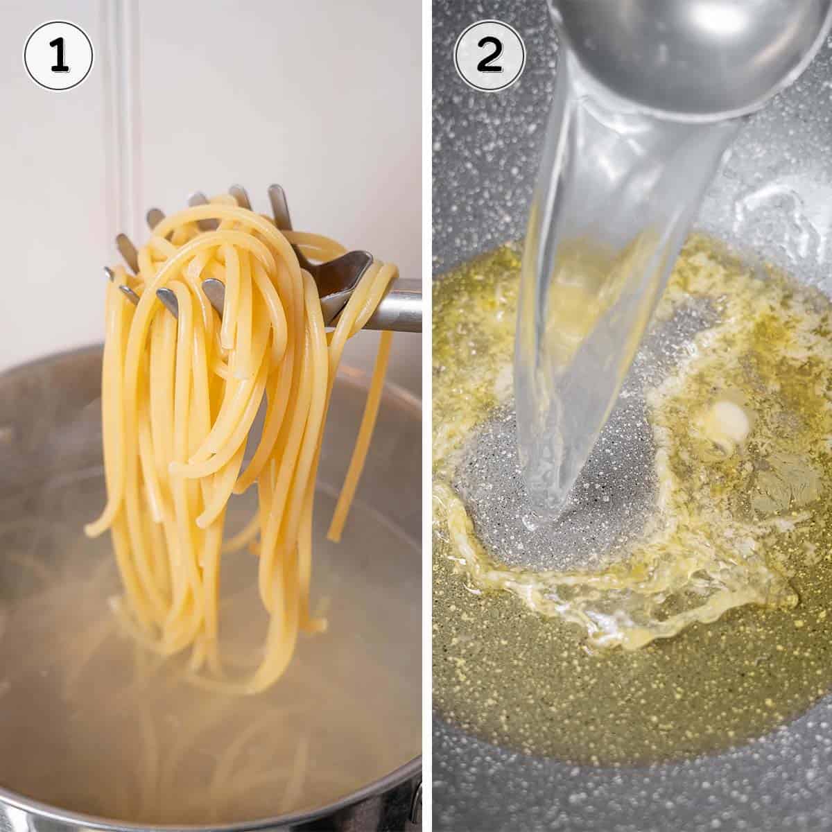 cooking pasta and making the sauce.