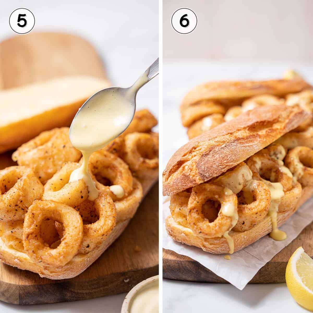 making the fried calamari into a sandwich.