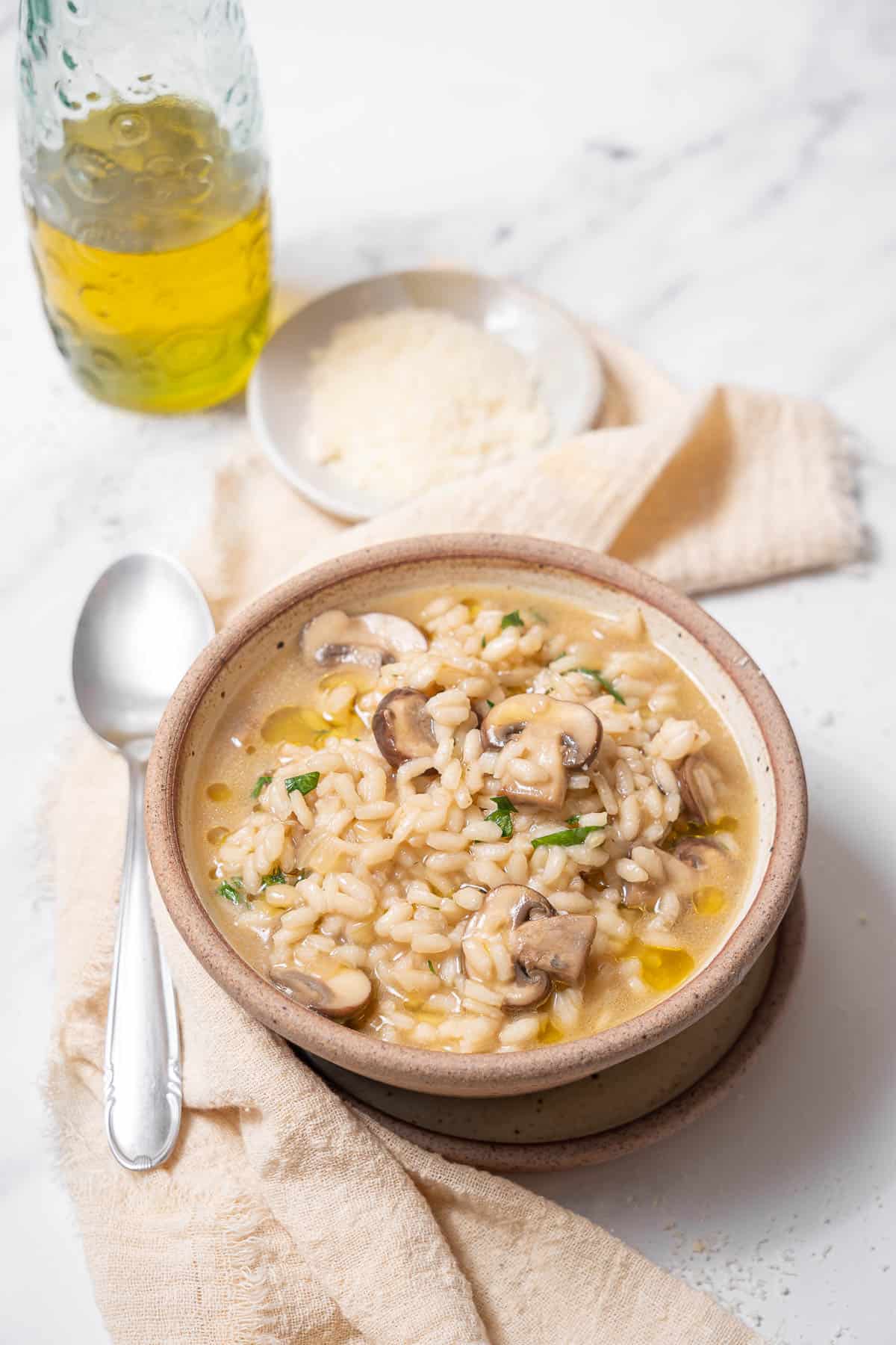 bowl of rice with mushrooms.