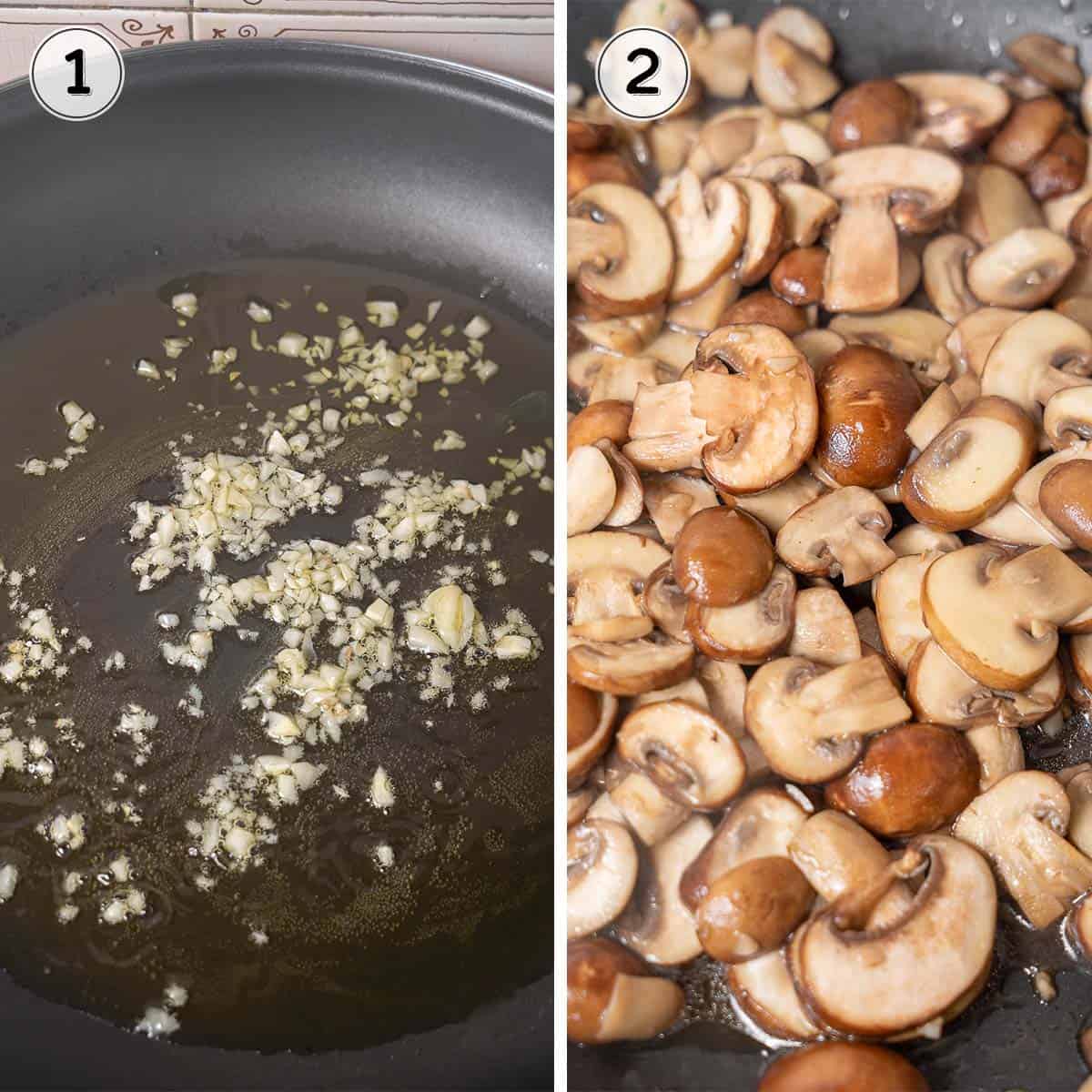 cooking garlic and mushrooms.