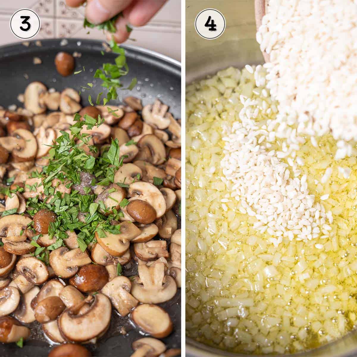 cooking mushrooms and rice.