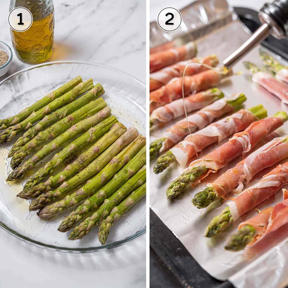 seasoned asparagus wrapped in ham.