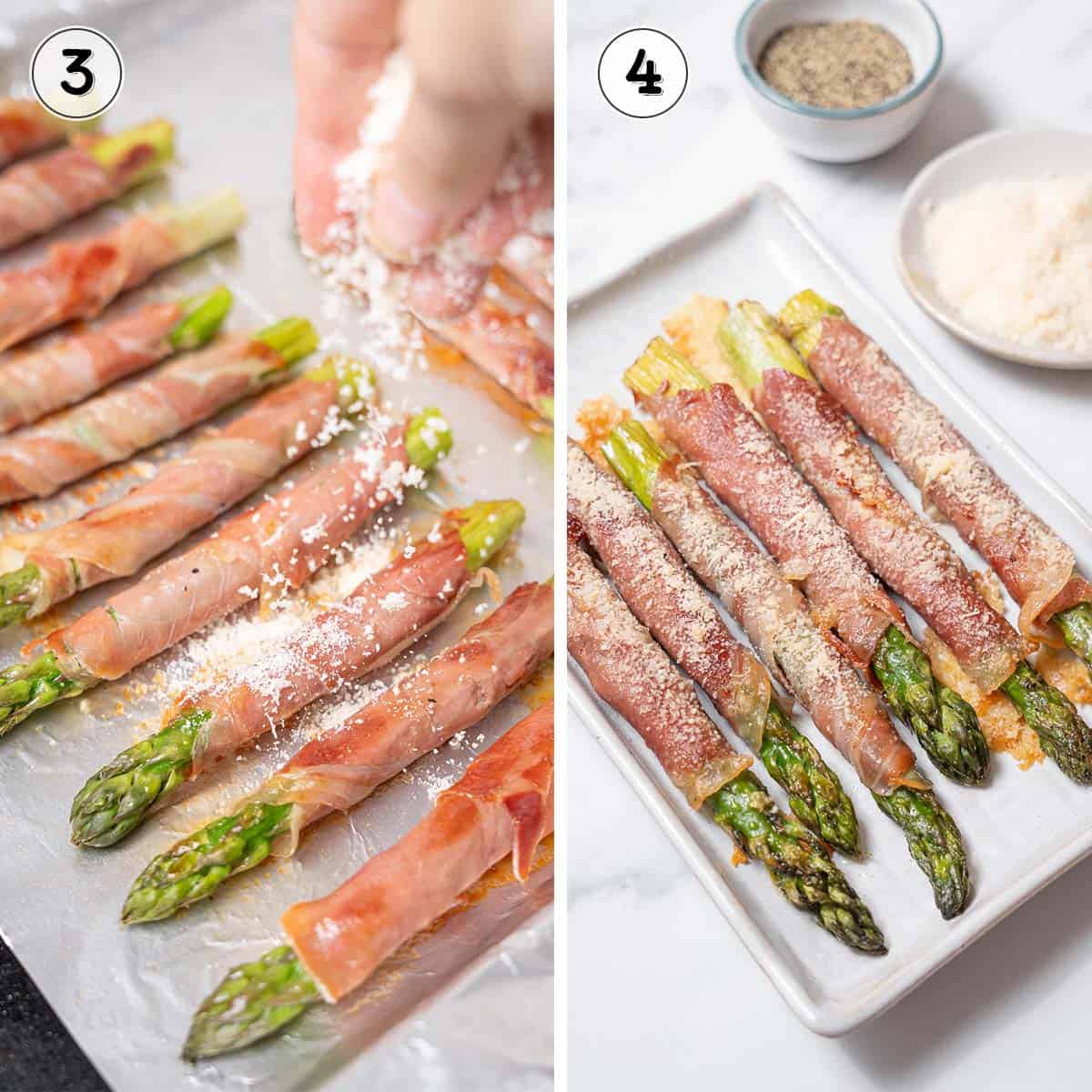 sprinkling cheese on asparagus and serving.