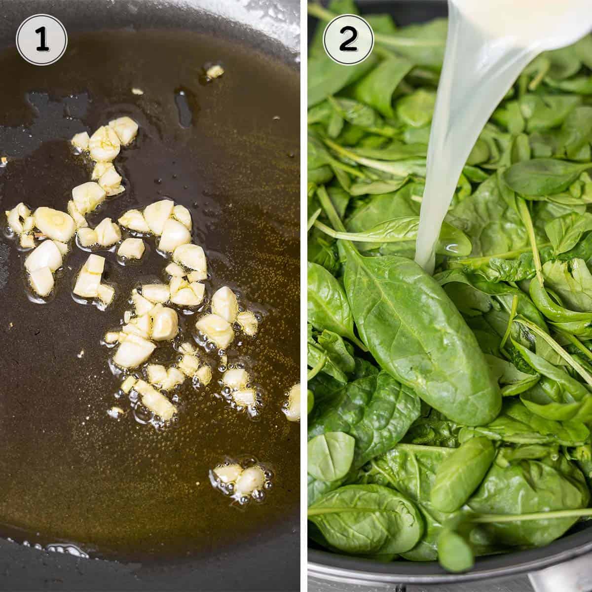 cooking garlic and spinach.