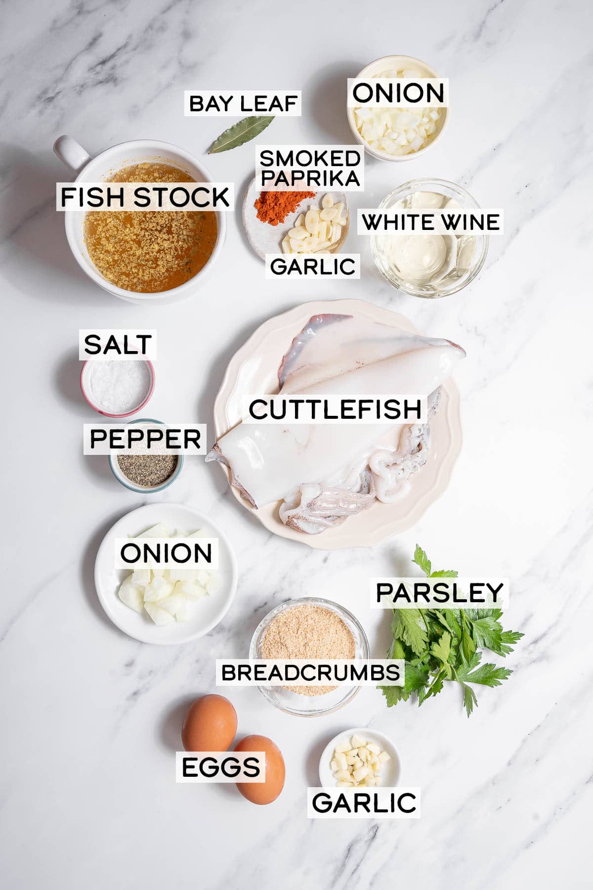 bowls of ingredients for cuttlefish meatballs.