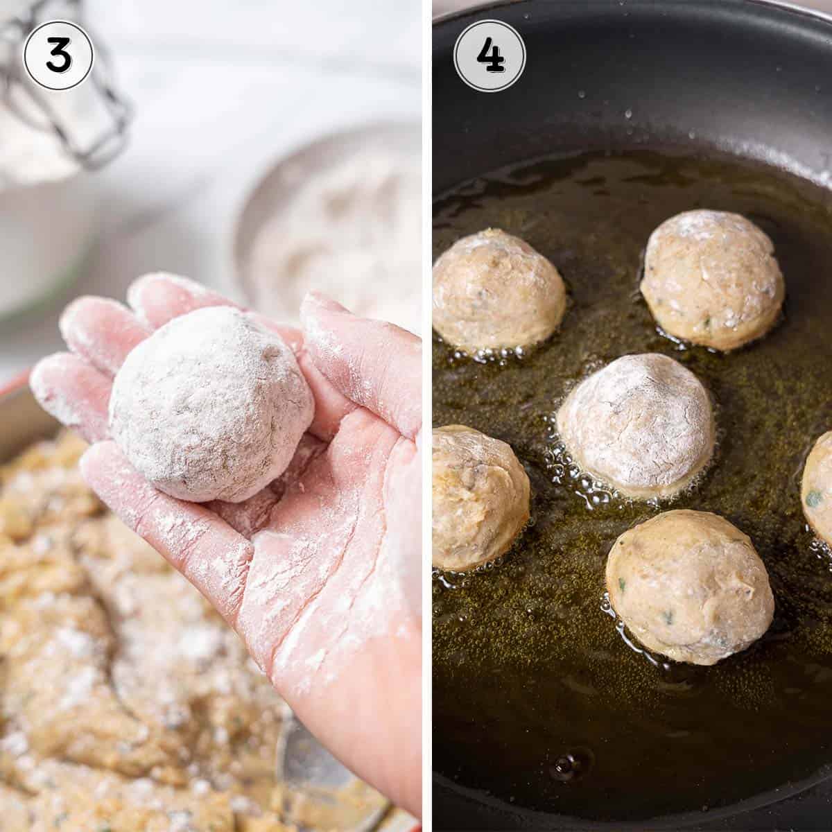 shaping, breading, and frying the meatballs.