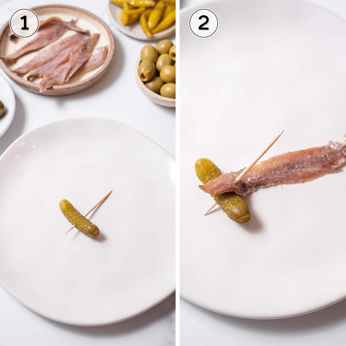 putting a gherkin and anchovy on a toothpick.