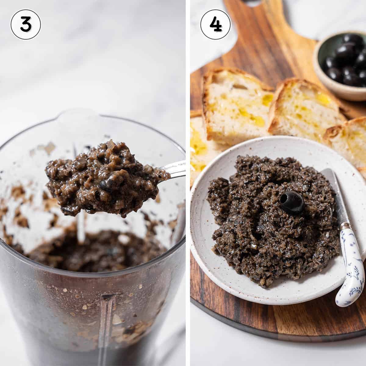 blending and serving black olive tapenade.