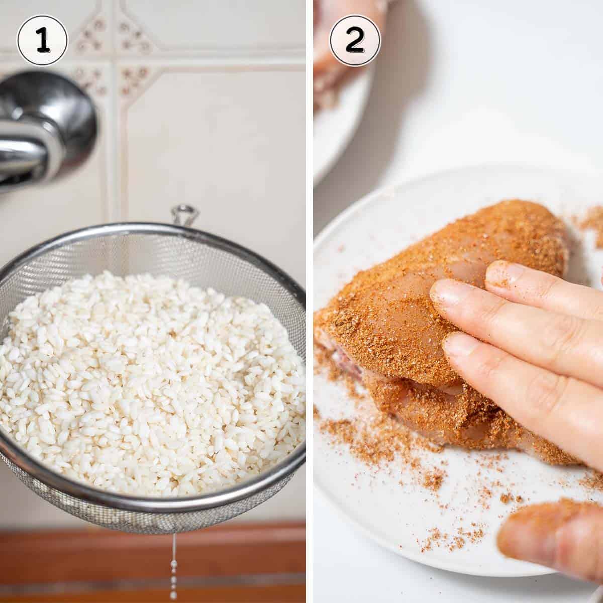 rinsing rice and seasoning chicken.