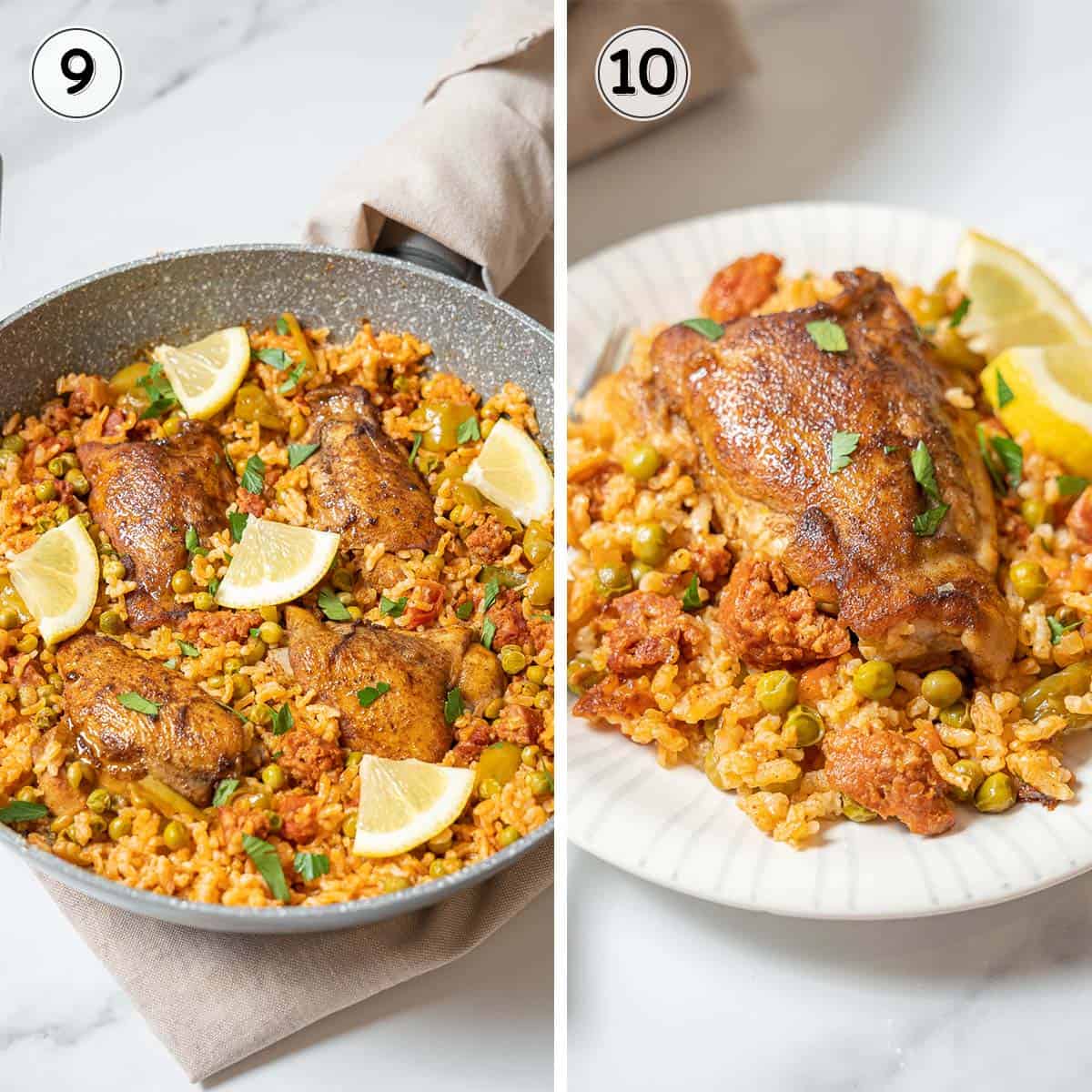 serving chicken and chorizo rice.