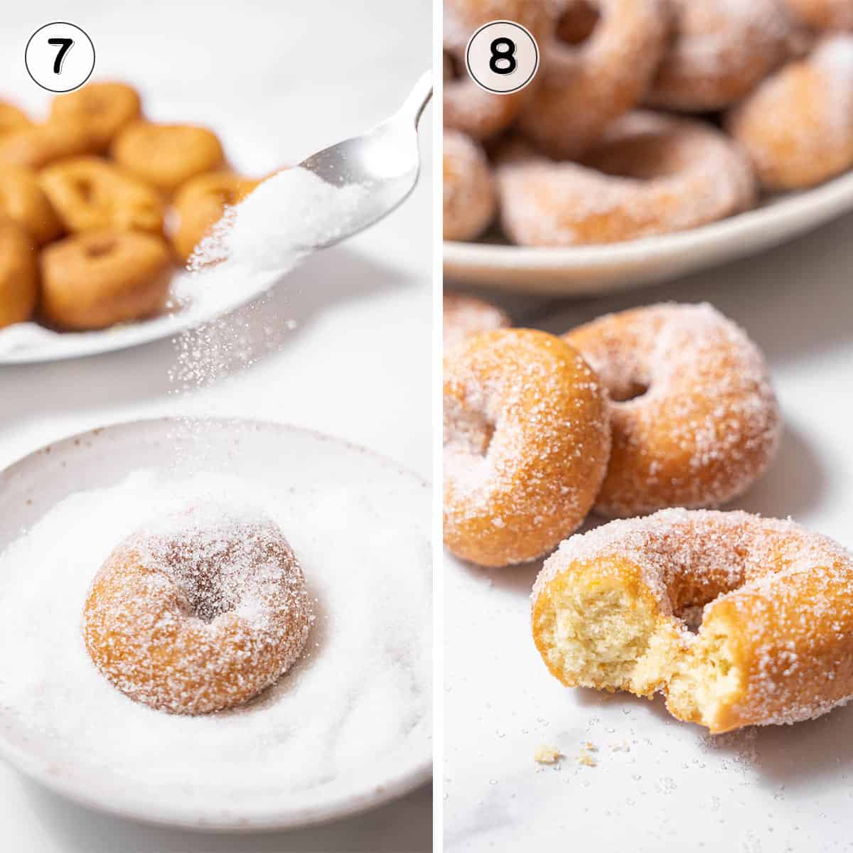 coating donuts in sugar and eating.