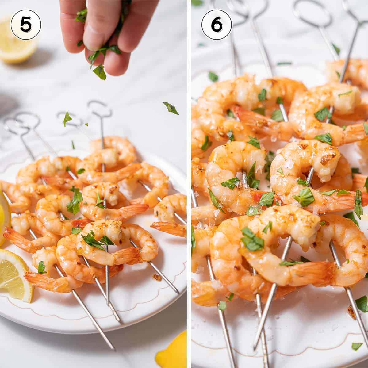 sprinkling gambas al ajillo with parsley.