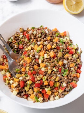 bowl of lentil salad with serving utensils.