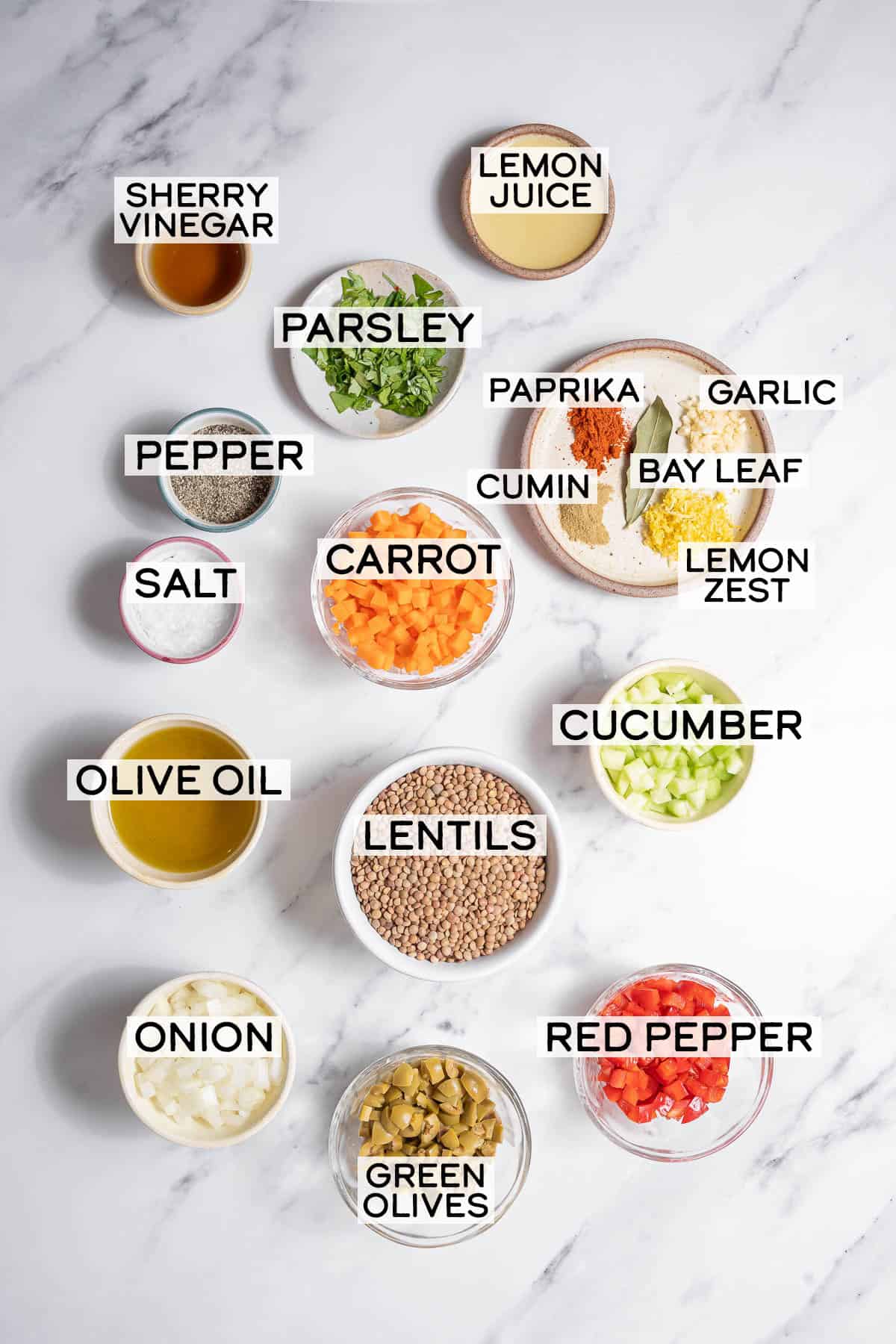 bowls of ingredients for lentil salad.