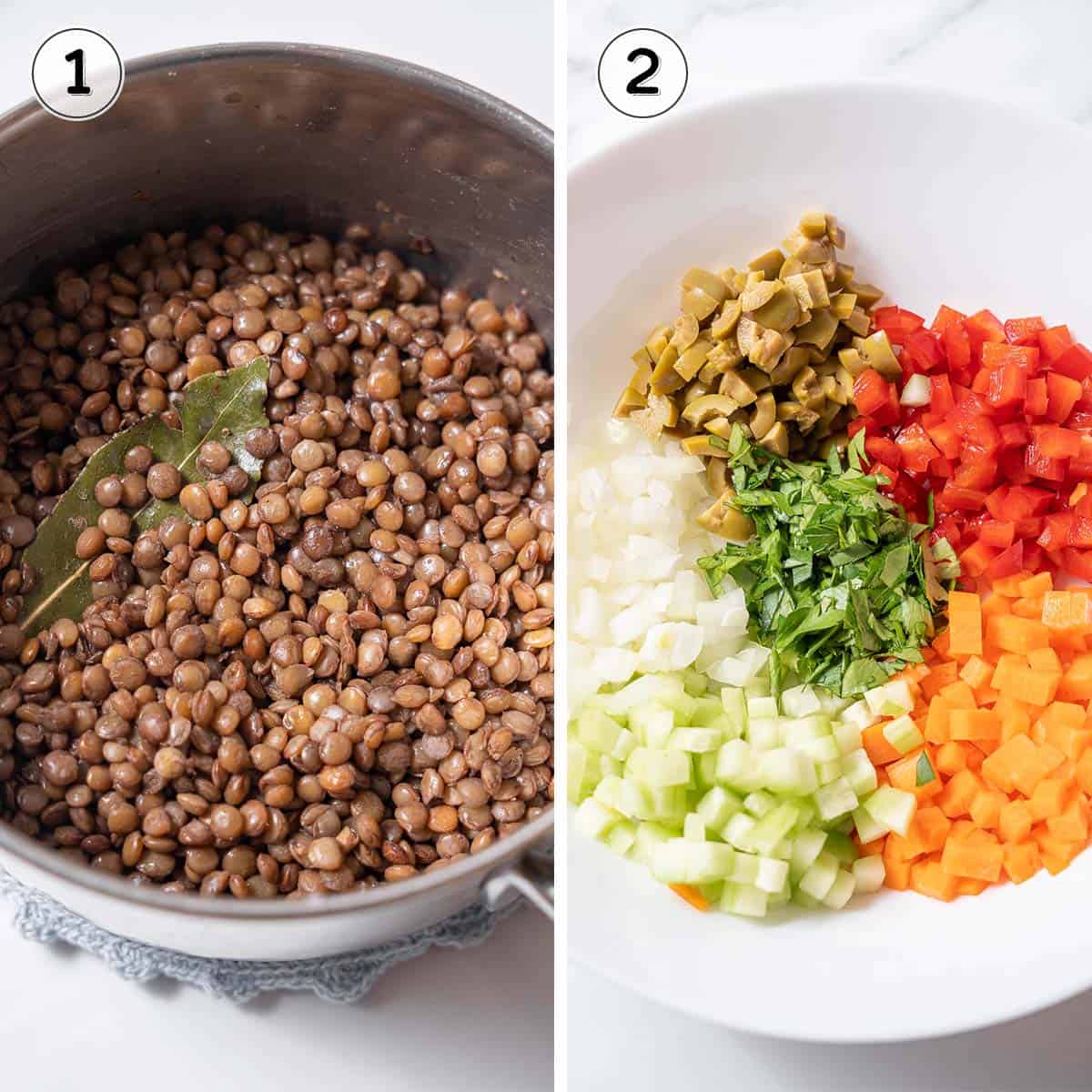 cooked lentils with chopped veggies.