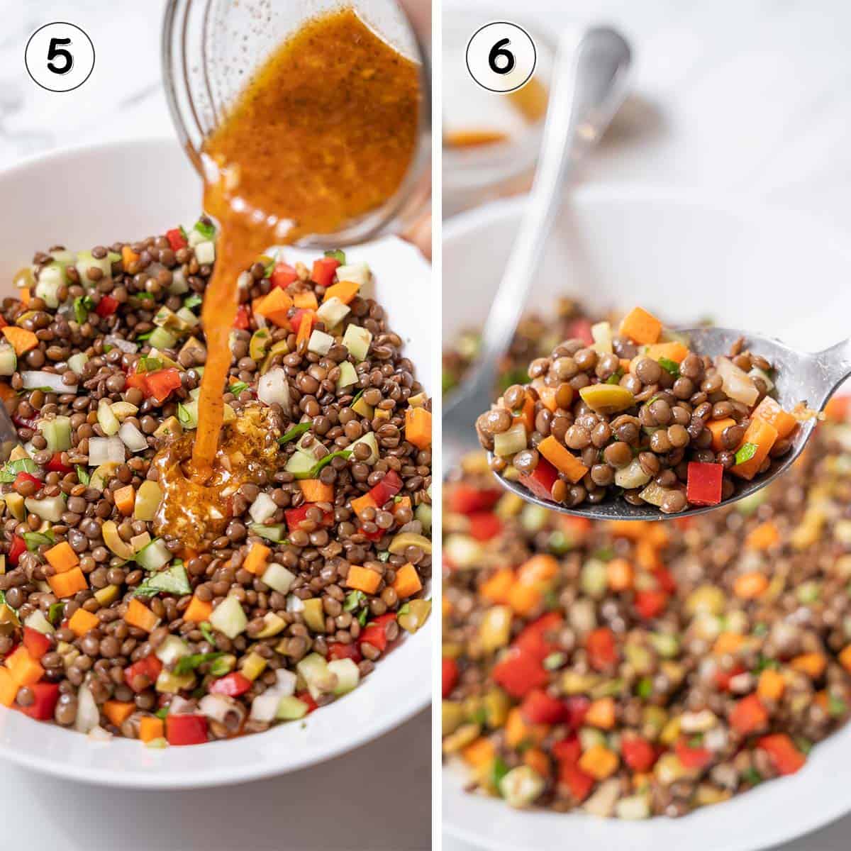 tossing lentil salad with dressing.