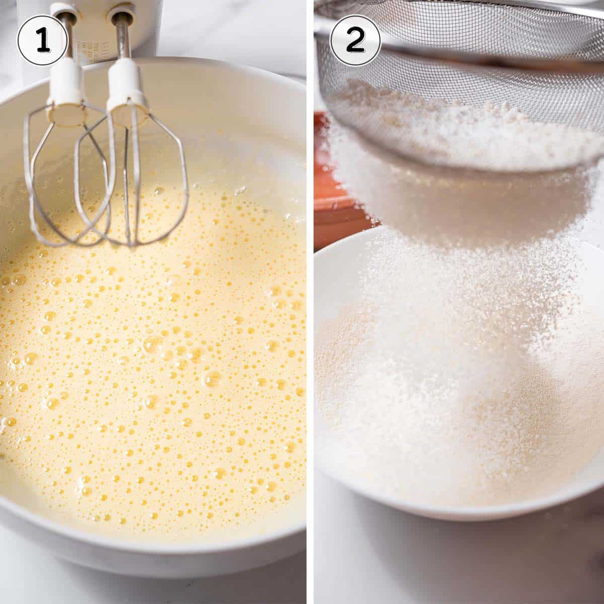 beating sugar and butter and sifting dry ingredients.