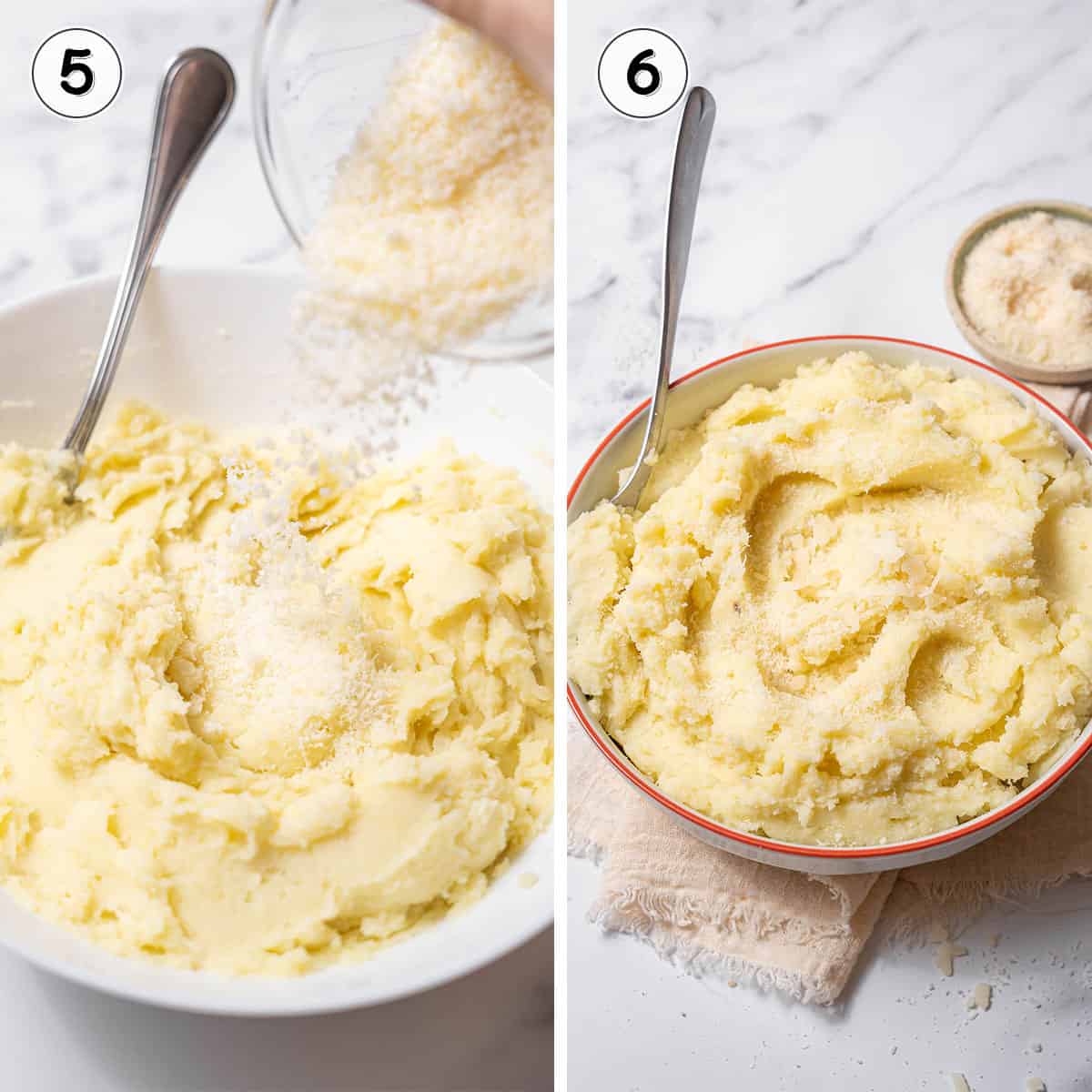 adding cheese to mashed potatoes.