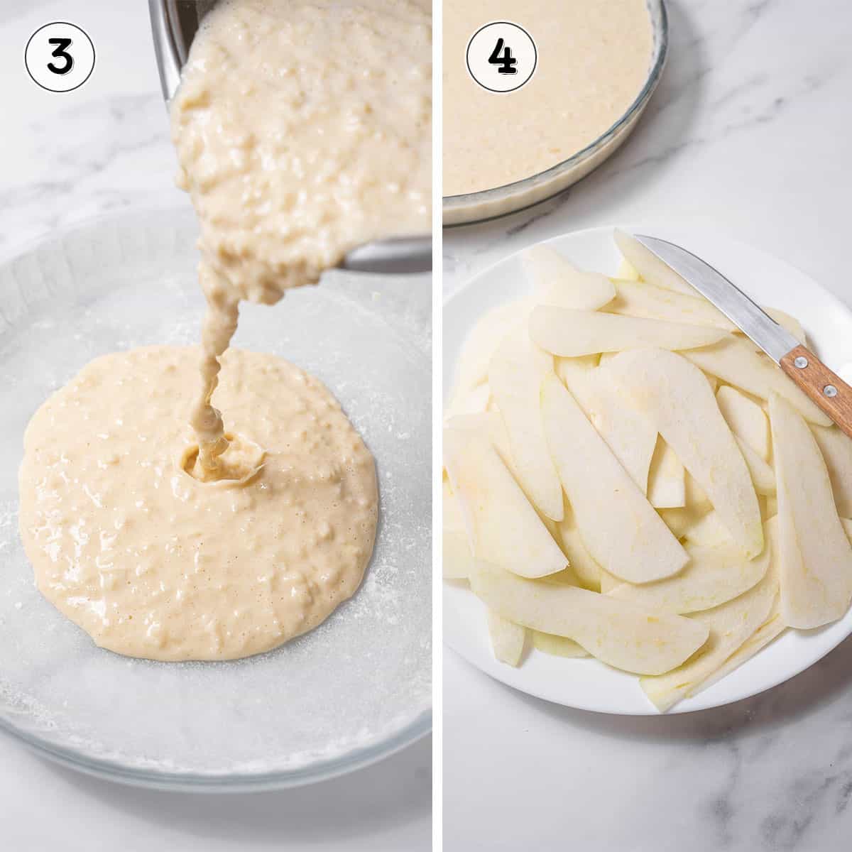 pouring pear mixture into pan and slicing pears.