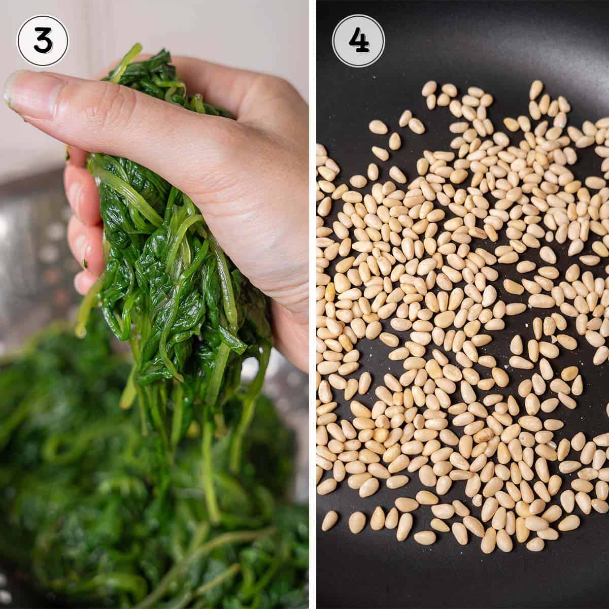 squeezing spinach and toasting pine nuts.