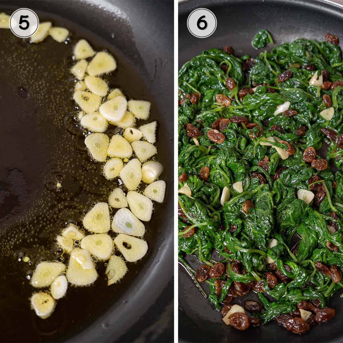 cooking garlic and spinach mixture.