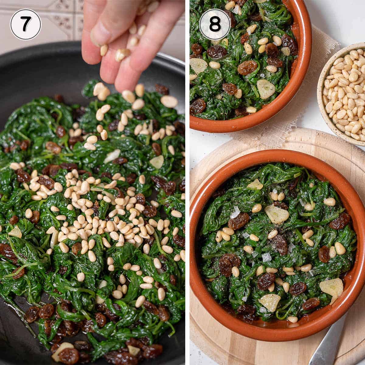 adding pine nuts to spinach and serving.