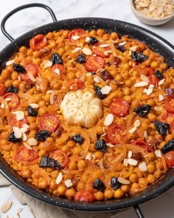 large pan of baked rice with garbanzos.