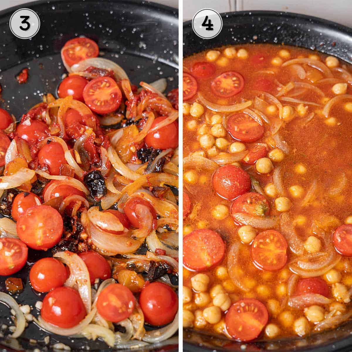 adding the tomatoes and liquid to the veggies.