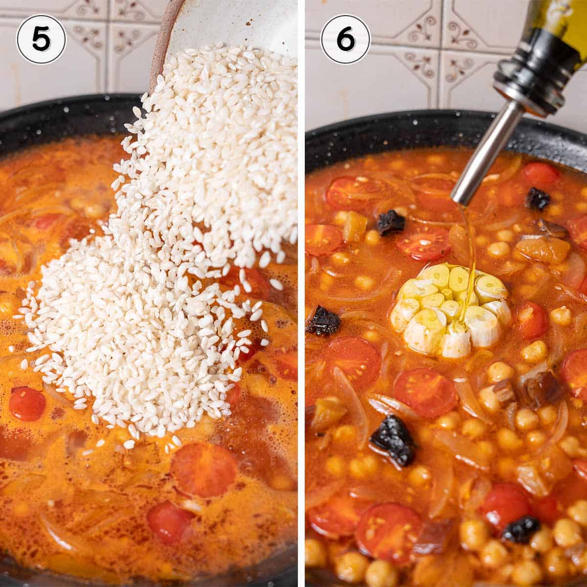 adding the rice, garlic, and olive oil to the pan.