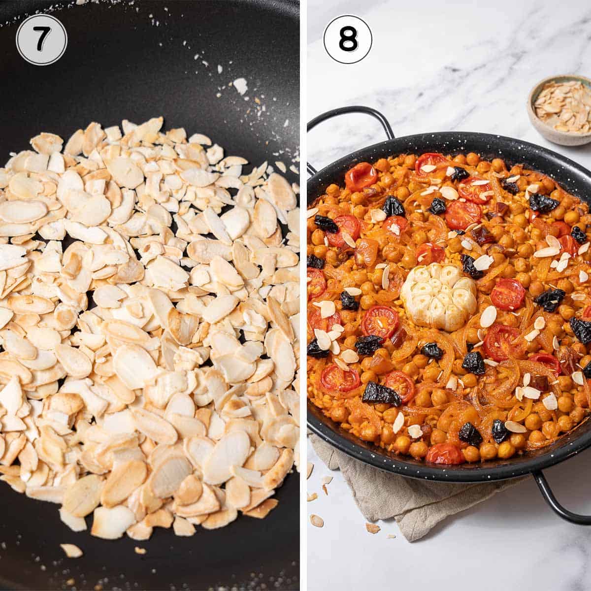 toasting the almonds and garnishing the rice dish.