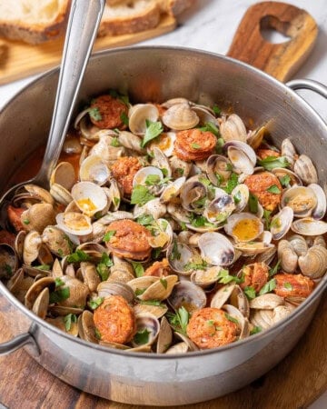 pot of clams with chorizo.