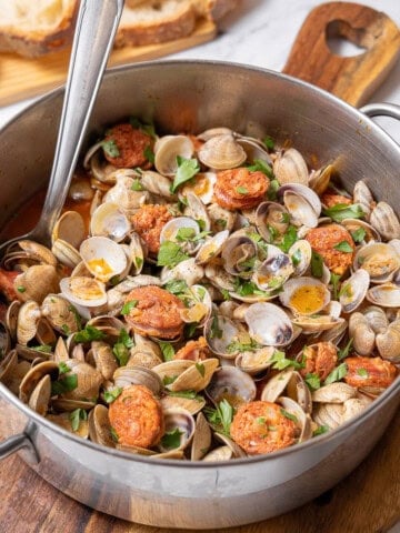 pot of clams with chorizo.