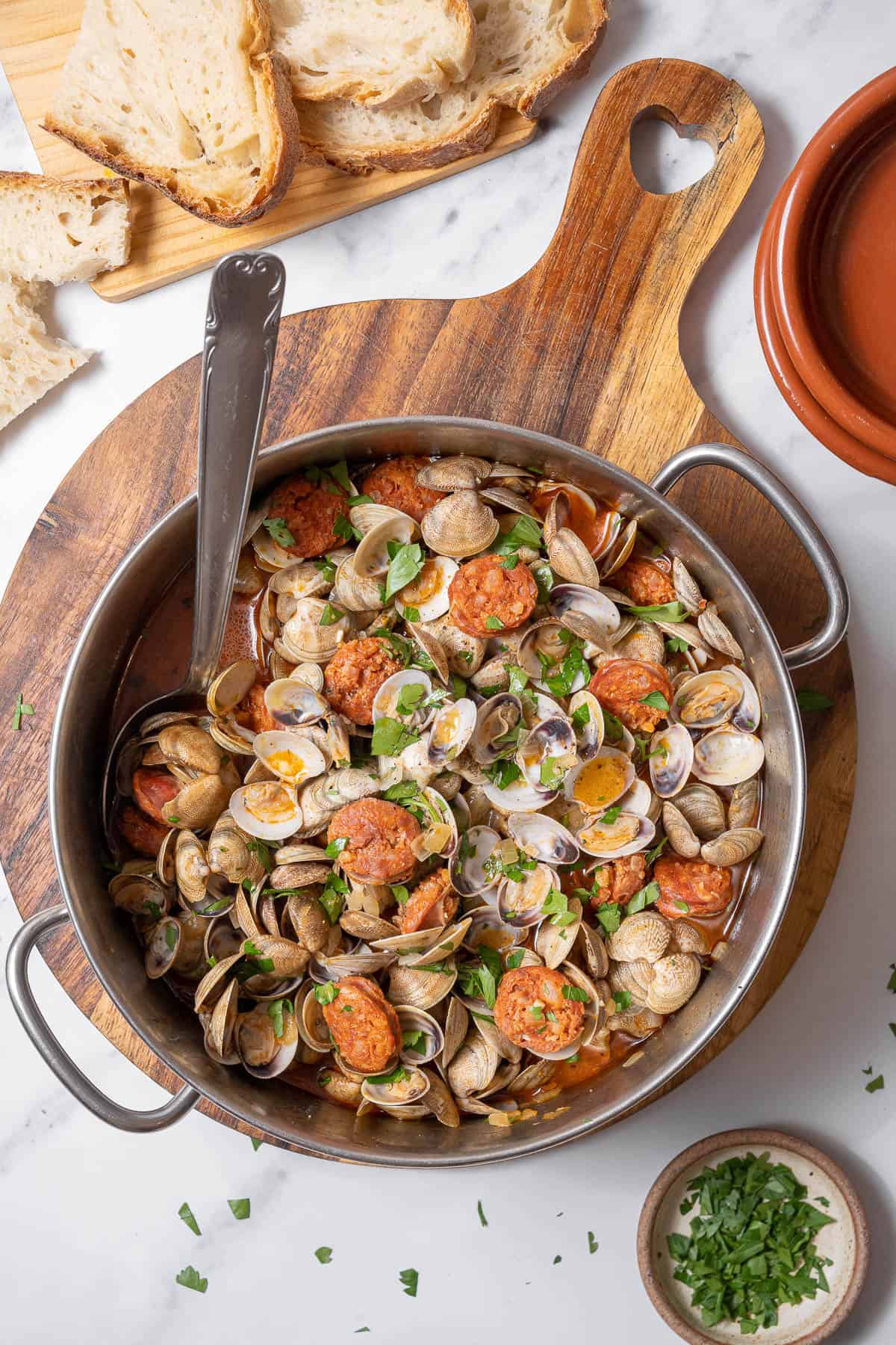 pot of clams with chorizo.