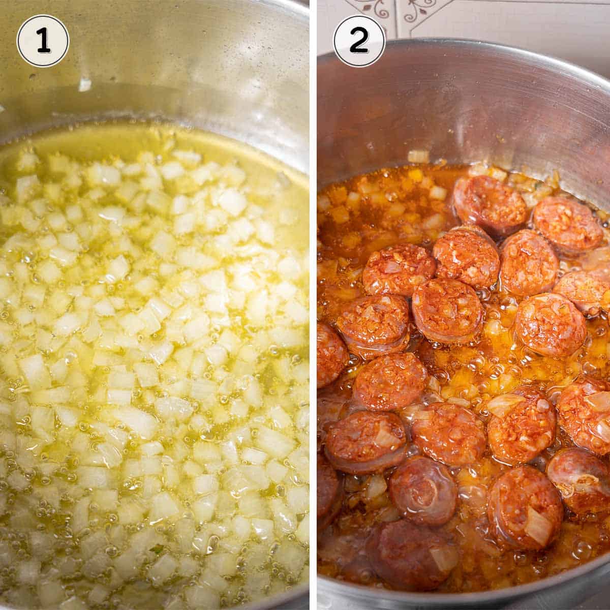 sautéing the onions and chorizo in a pot.