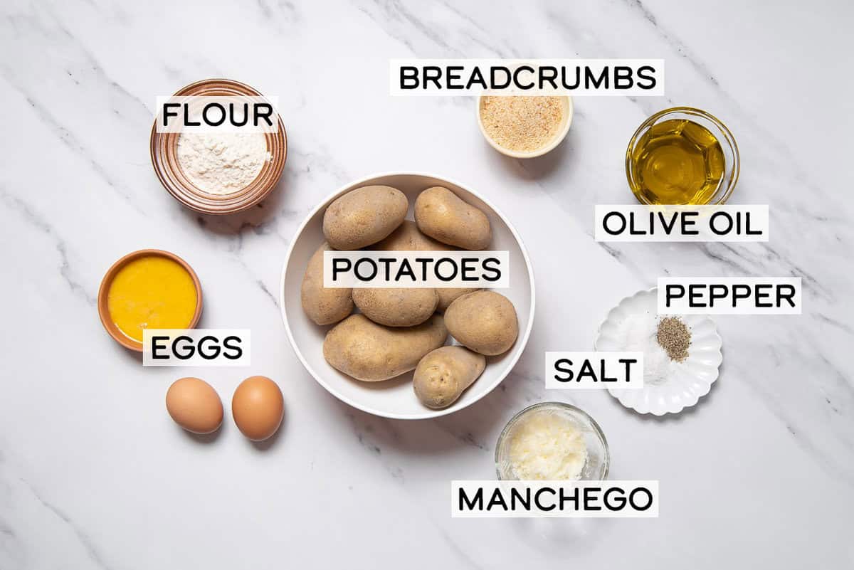 bowls of ingredients for potato croquettes.