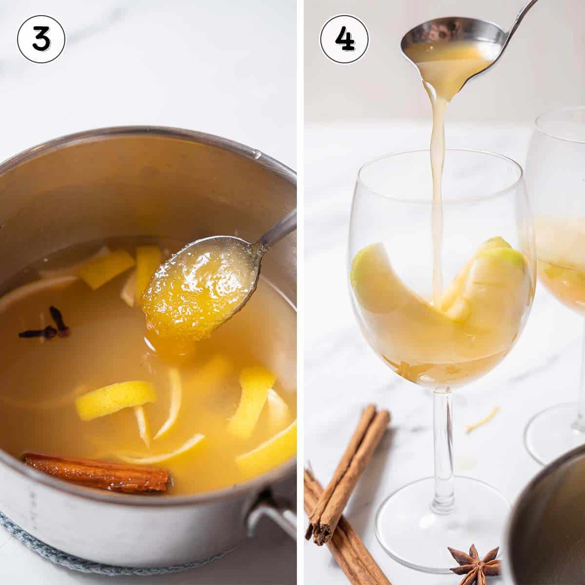 adding honey to the cider and pouring into glasses.