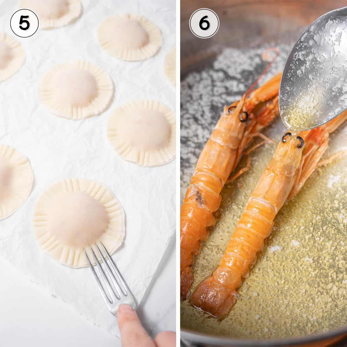 crimping the ravioli and cooking the langoustines.