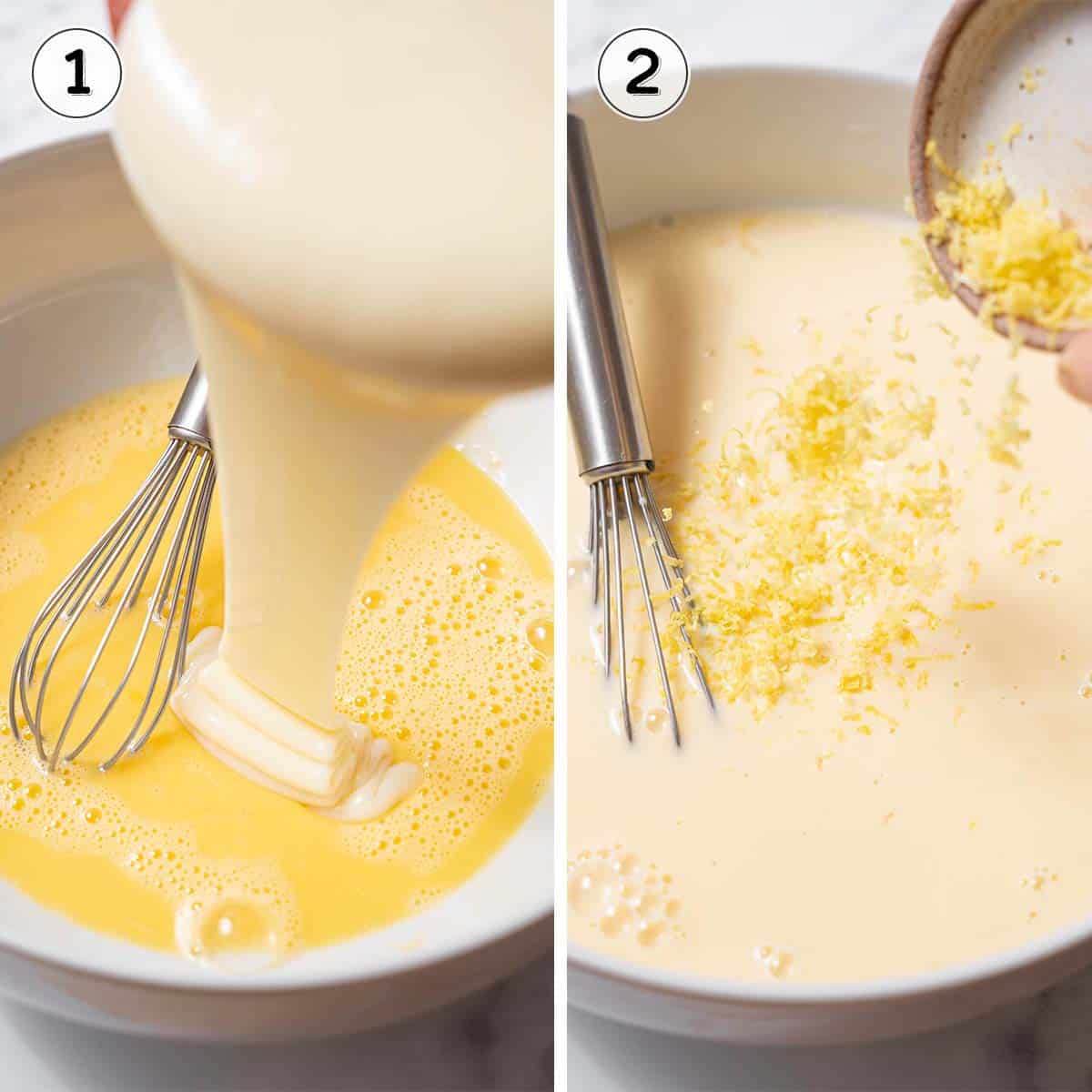 whisking the eggs and milk to make the custard.