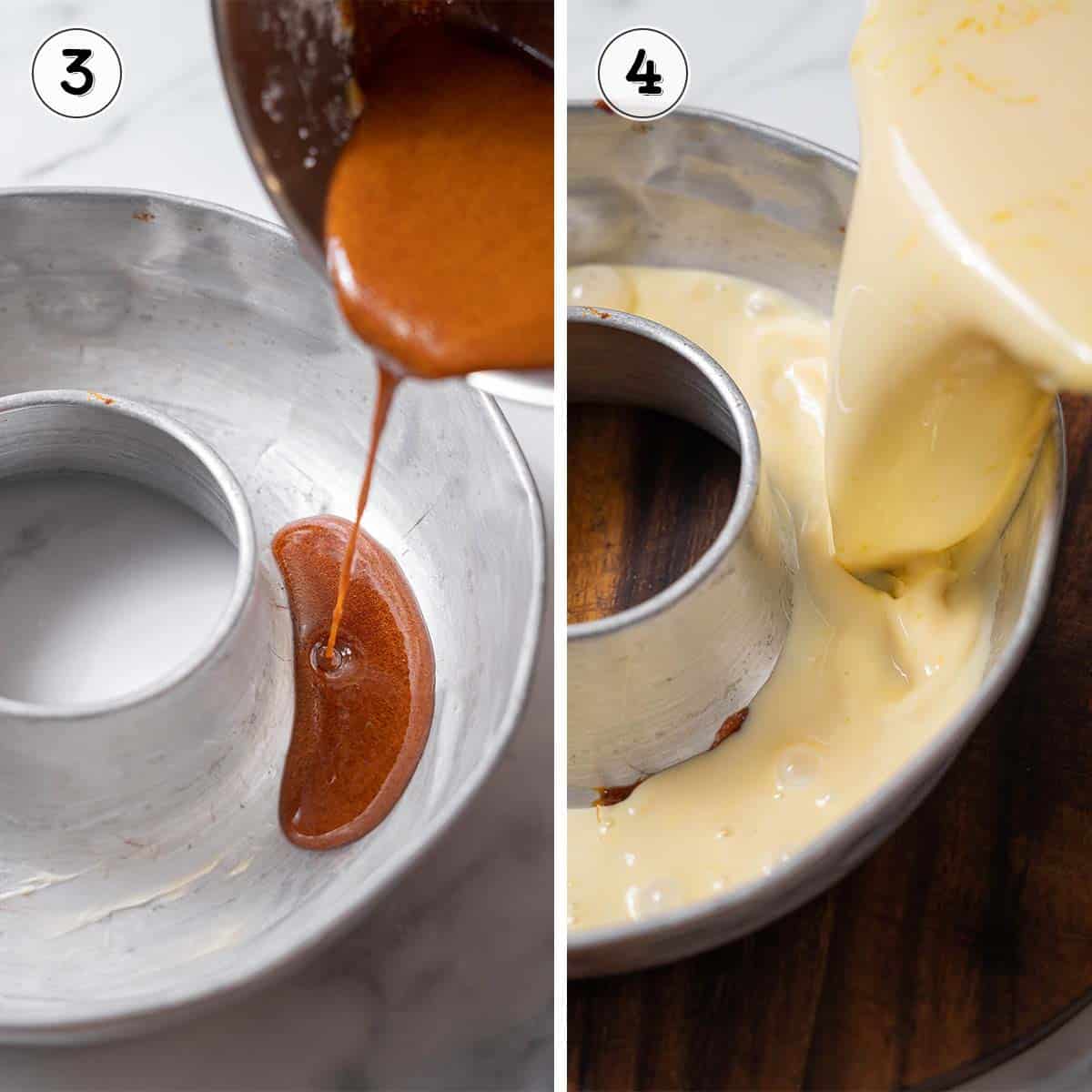 filling the pan with caramel and custard.